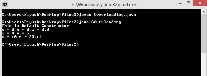 This image describes the output of sample program for constructor overloading in java.